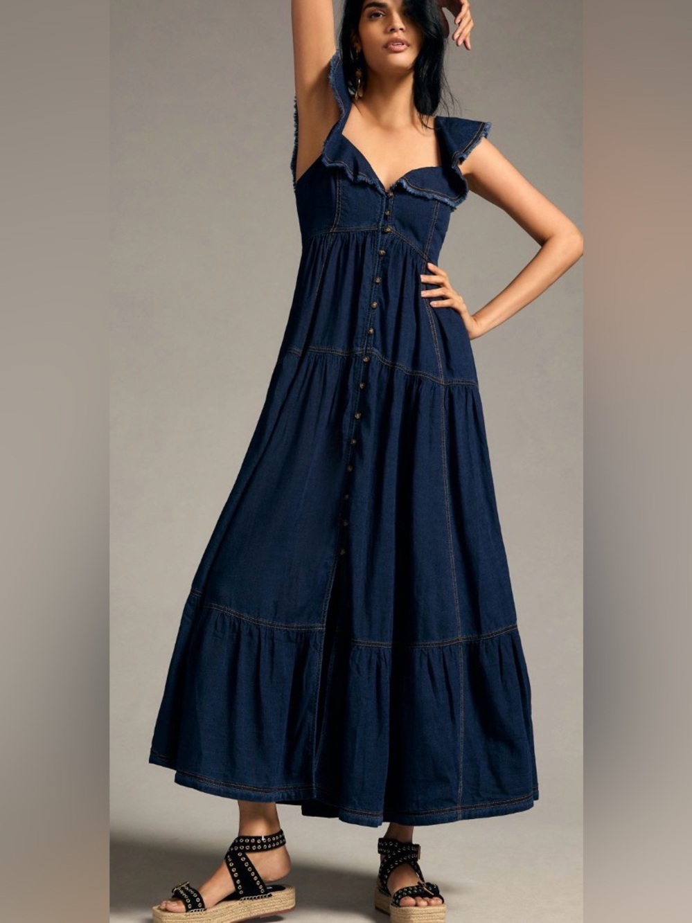 PILCRO sweetheart Flutter Sleeve Denim Button down Maxi Dress 1X tiered milkmaid